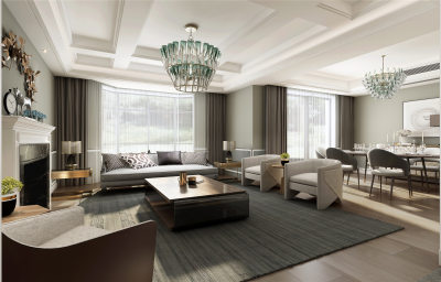 美式客餐厅 厨房吧台 吊灯 墙饰 雕塑 餐桌椅 沙发 茶几